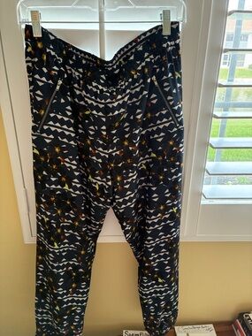 J. Crew Navy and White Patterned Elastic-Waist Pants with Yellow Accents